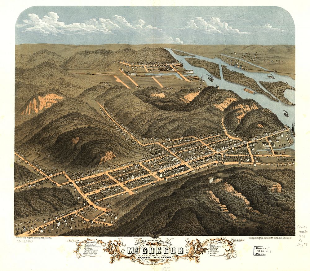 Bird's eye view of the city of McGregor and North McGregor, Clayton County, Iowa 1869.