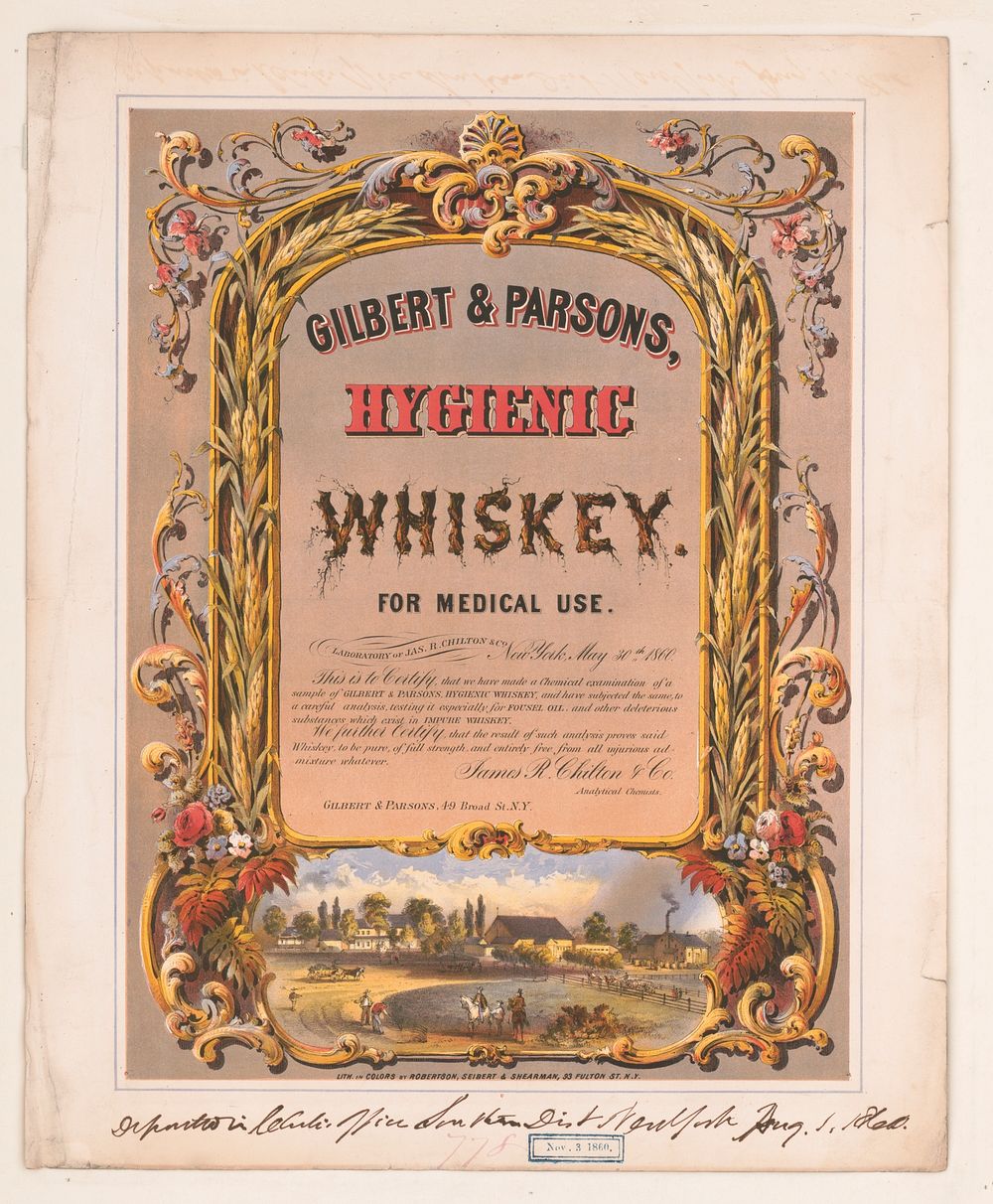 Gilbert & Parsons, hygienic whiskey--for medical use / lith. in colors by Robertson, Seibert & Shearman, N.Y.