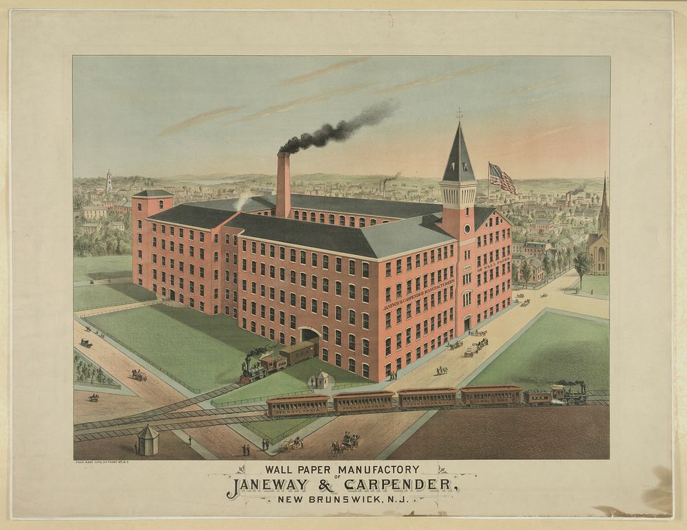 Wall paper manufactory of Janeway & Carpender, New Brunswick, N.J. / Chas. Hart lith., 36 Vesey St., N.Y.