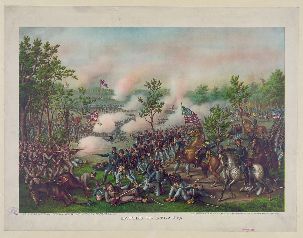 Battle of Atlanta--Death of Gen. James B. McPherson--July 22d 1864--Army of the Tennessee engaged, Kurz & Allison.