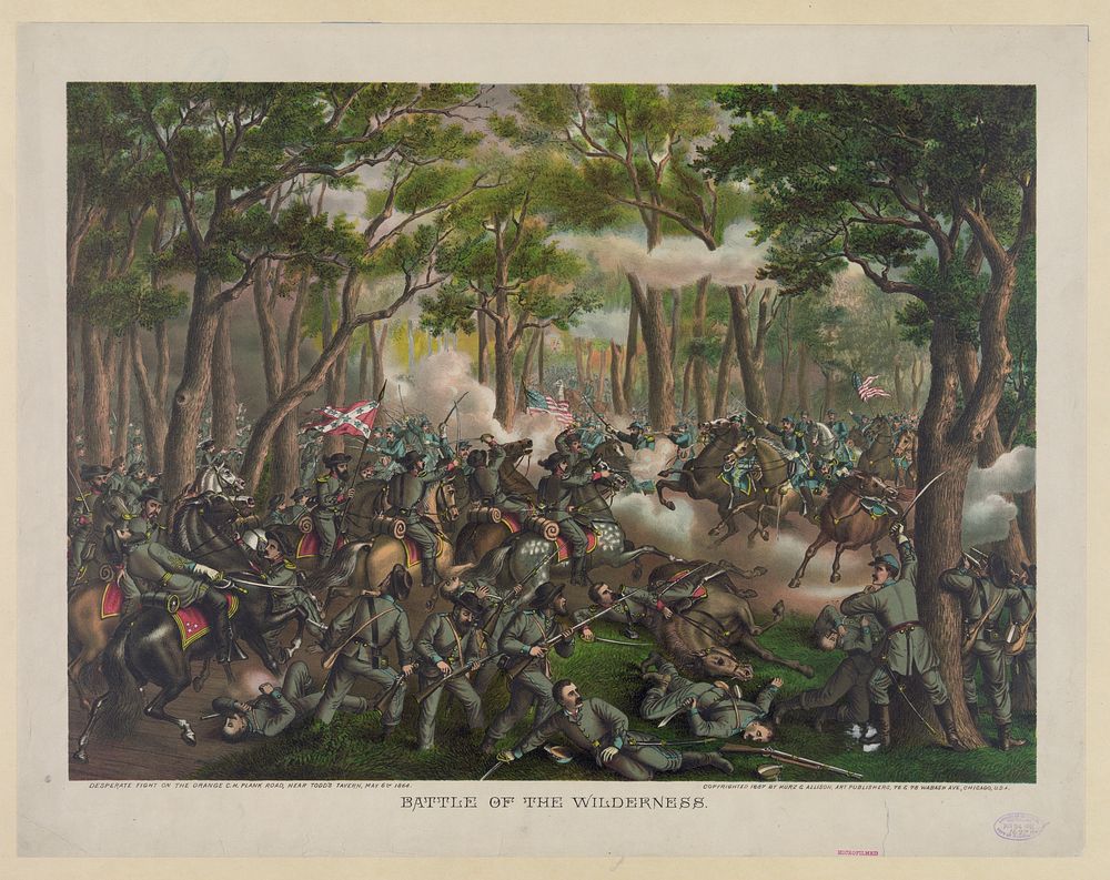 Battle of the Wilderness--Desperate fight on the Orange C.H. Plank Road, near Todd's Tavern, May 6th, 1864, Kurz & Allison.