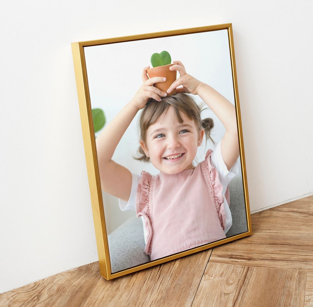 Photo frame mockup, little girl smiling picture psd