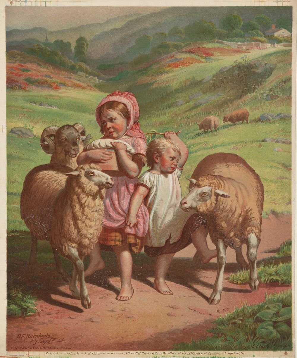 [Two children among 2 sheep and 1 ram]