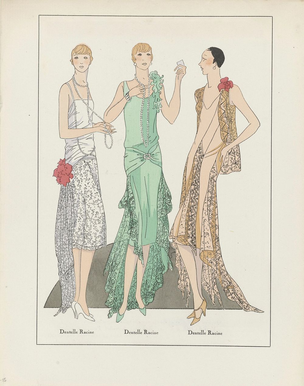 Drie avondjurken met kant van Racine (1929) fashion illustration in high resolution by V. Racine.  