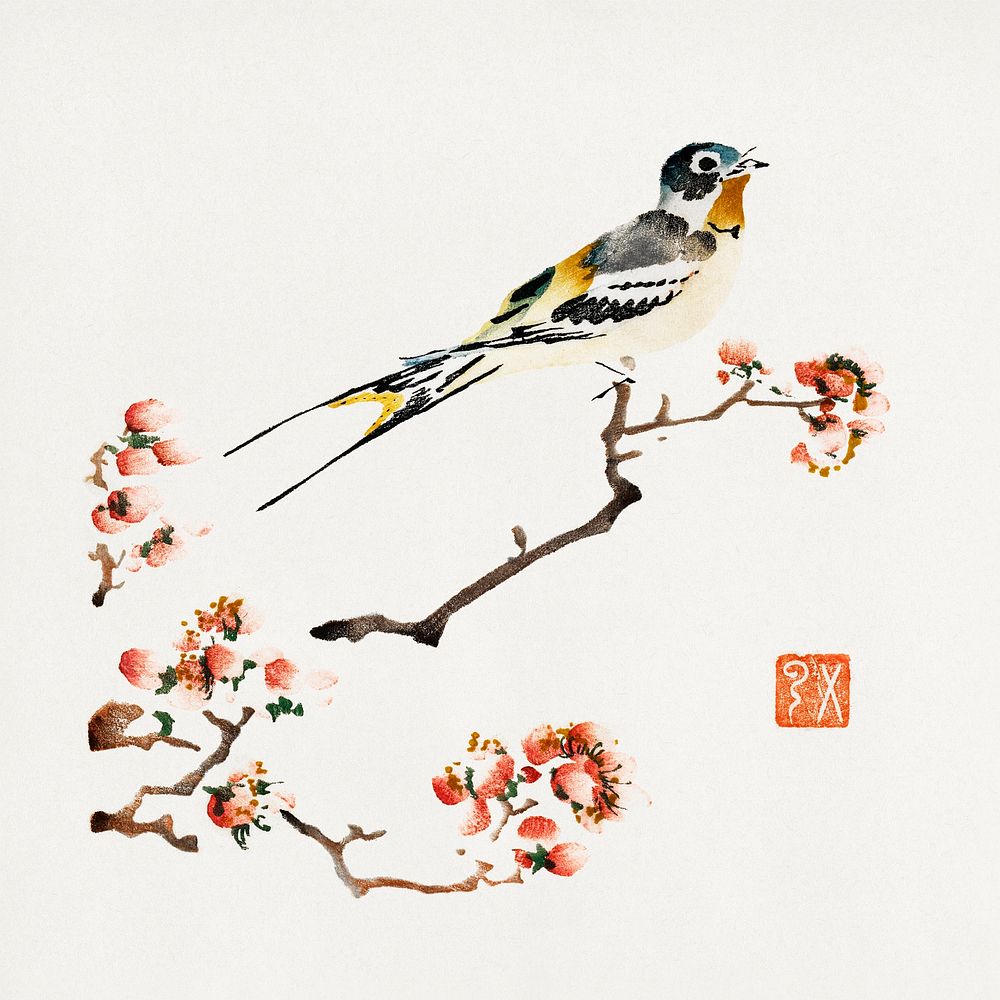 Swallow on a peach branch (1368–1644) vintage Japanese woodblock art Japanese ink style. Original public domain image from…