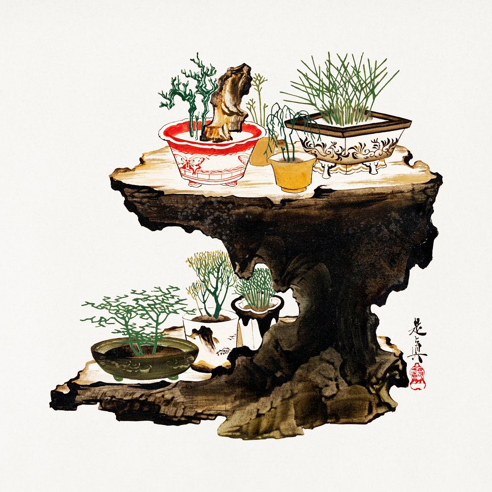  Bonsai (1882) lacquer painting. Original public domain image from The MET Museum.   Digitally enhanced by rawpixel.