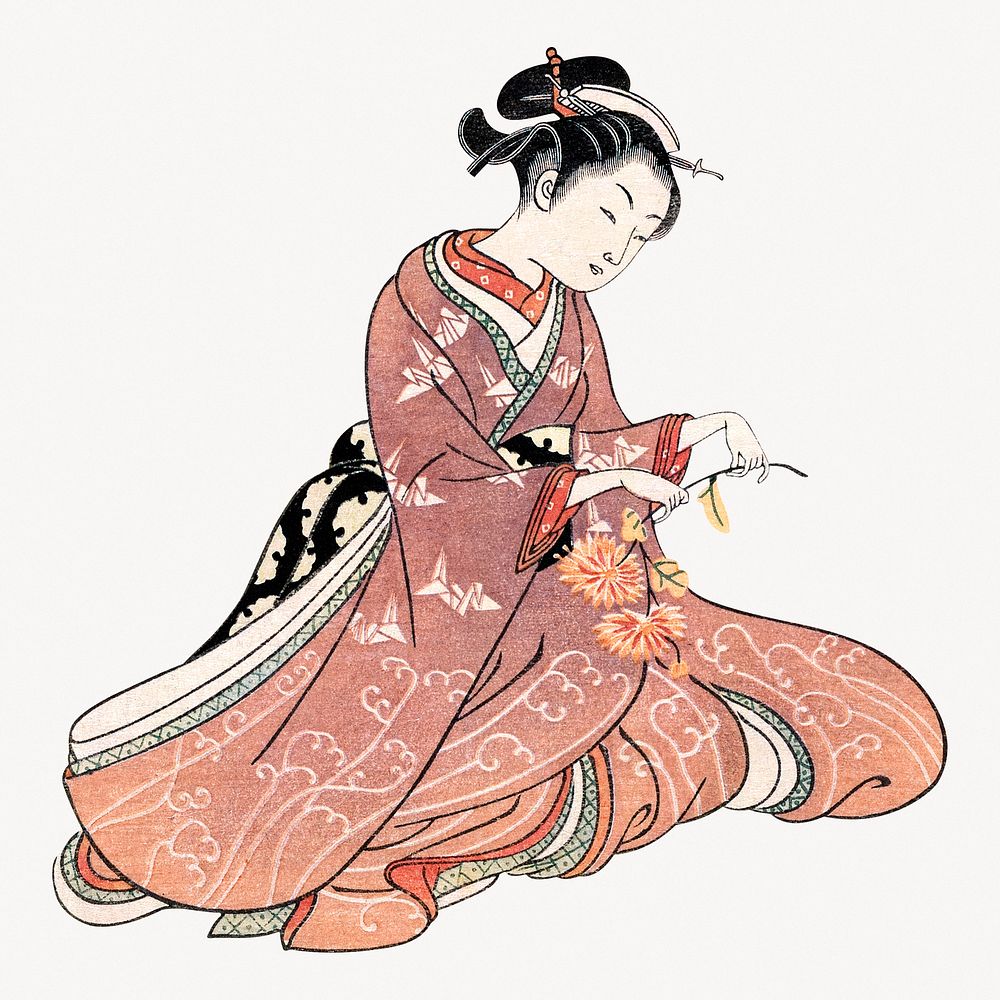 Japanese woman picking chrysanthemum illustration.   Remastered by rawpixel. 