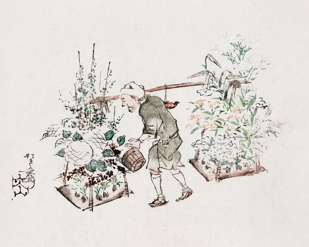 Man watering flowers (1840-1870) vintage Ukiyo-e style. Original public domain image from the Library of Congress.  …