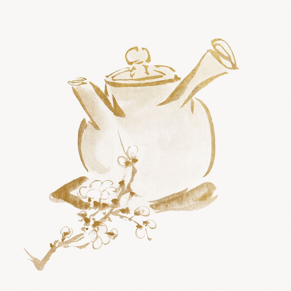 Japanese teapot, gold object illustration. Remixed by rawpixel.