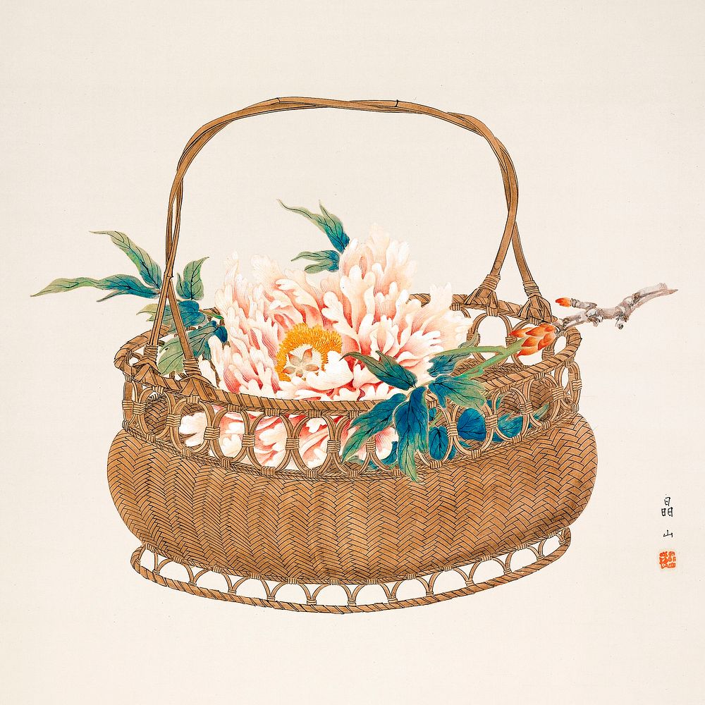 Japanese peonies in basket (20th century) vintage painting by Shōzan. Original public domain image from the Minneapolis…