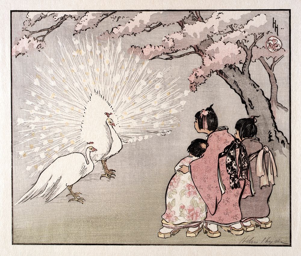 The white peacock, vintage Japanese woodblock print by Helen Hyde. Original public domain image from The Smithsonian…