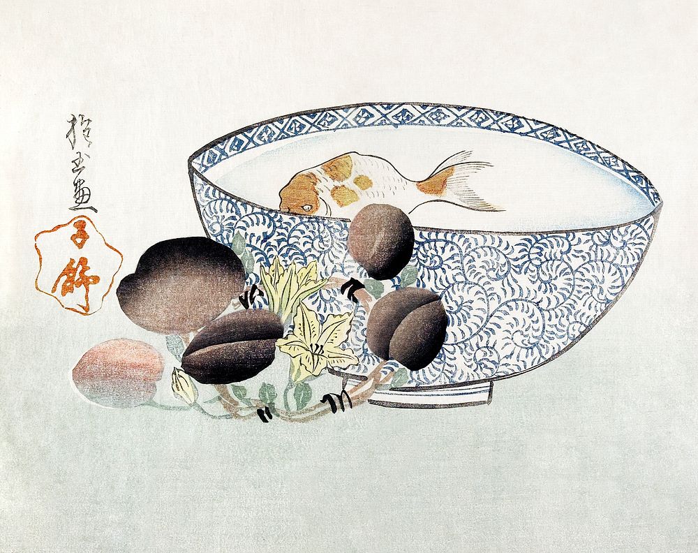 Fish in Bowl of Water, Flowering Branch with Fruit (1830s) by Yamada Hogyoku. Original public domain image from the…