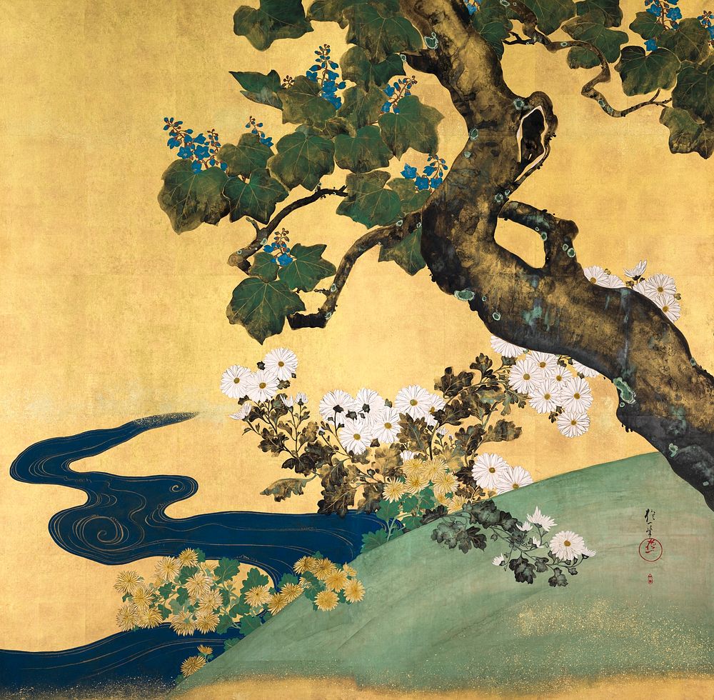 Paulownias and chrysanthemums (1615-1868) vintage Japanese painting by Sakai Hoitsu. Original public domain image from The…