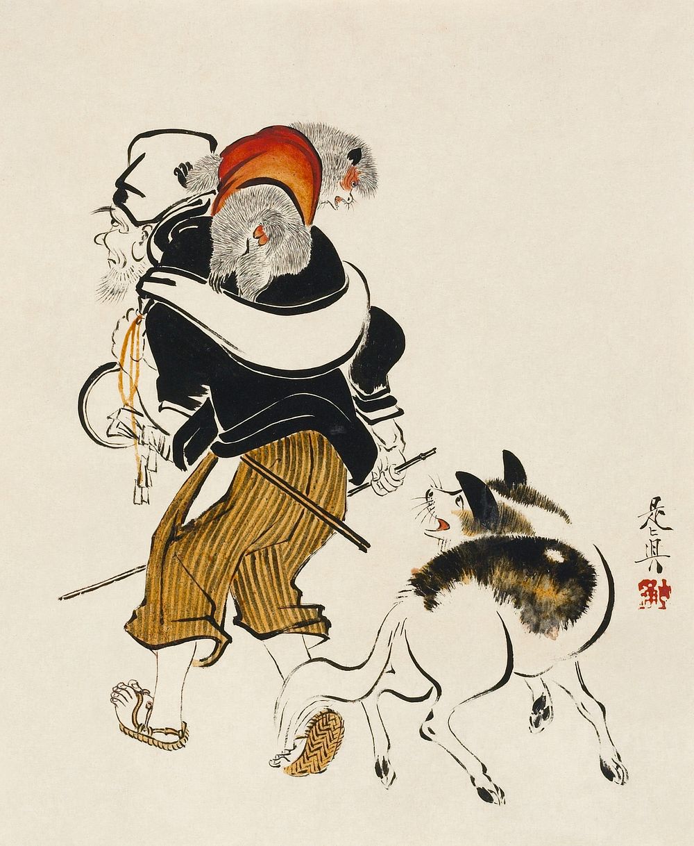 Dog barking at a monkey trainer (19th century) vintage painting by Shibata Zeshin. Original public domain image from the…