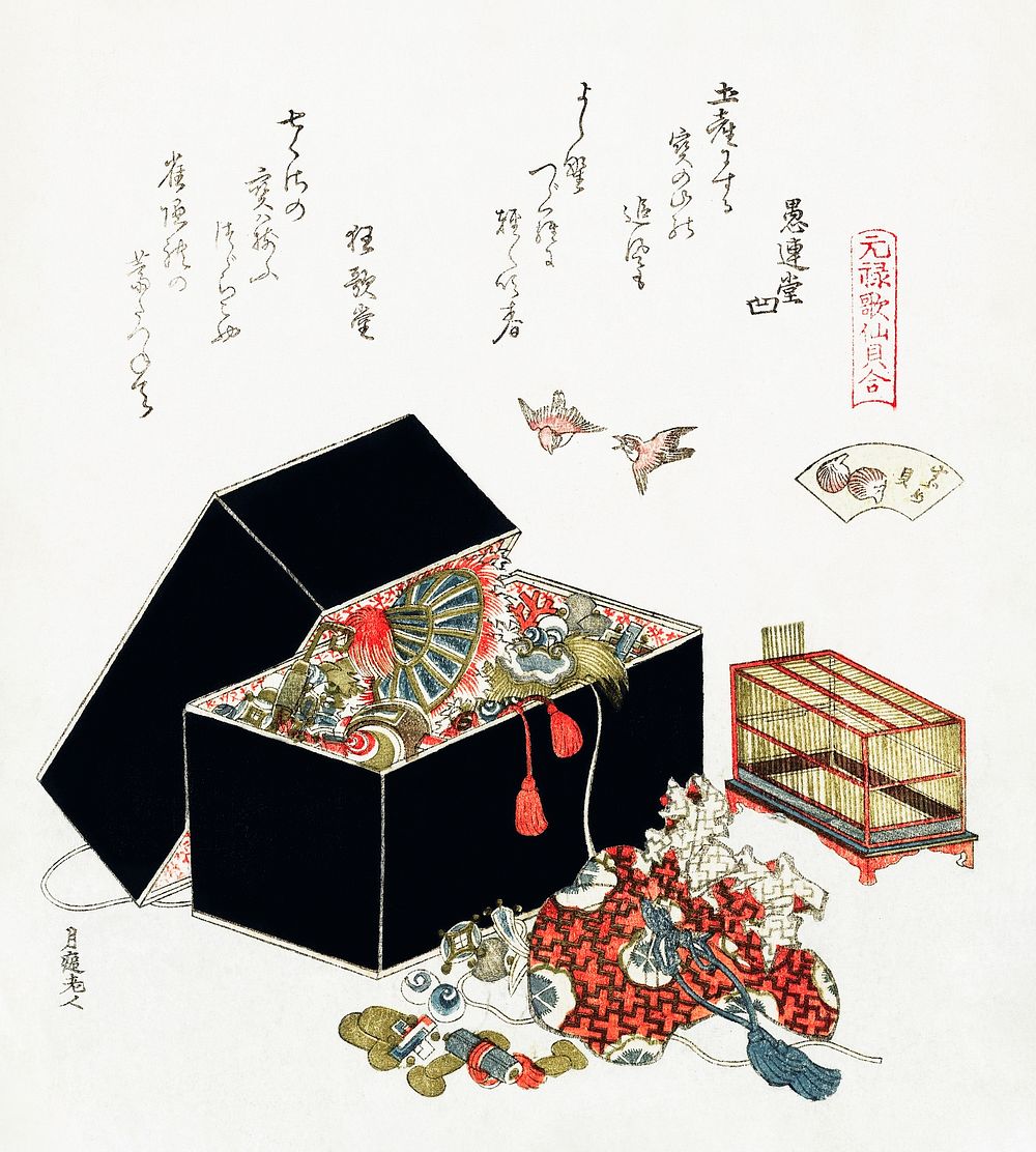 Hokusai's Vintage Japanese jewelry box (1822). Original public domain image from the Rijksmuseum.    Digitally enhanced by…