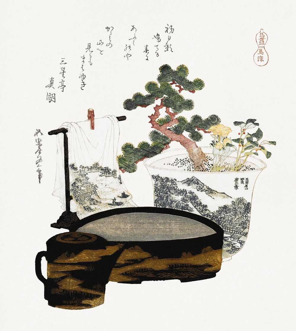 Katsushika Hokusai&rsquo;s tea table (1822) vintage Japanese woodcut print. Original public domain image from the…