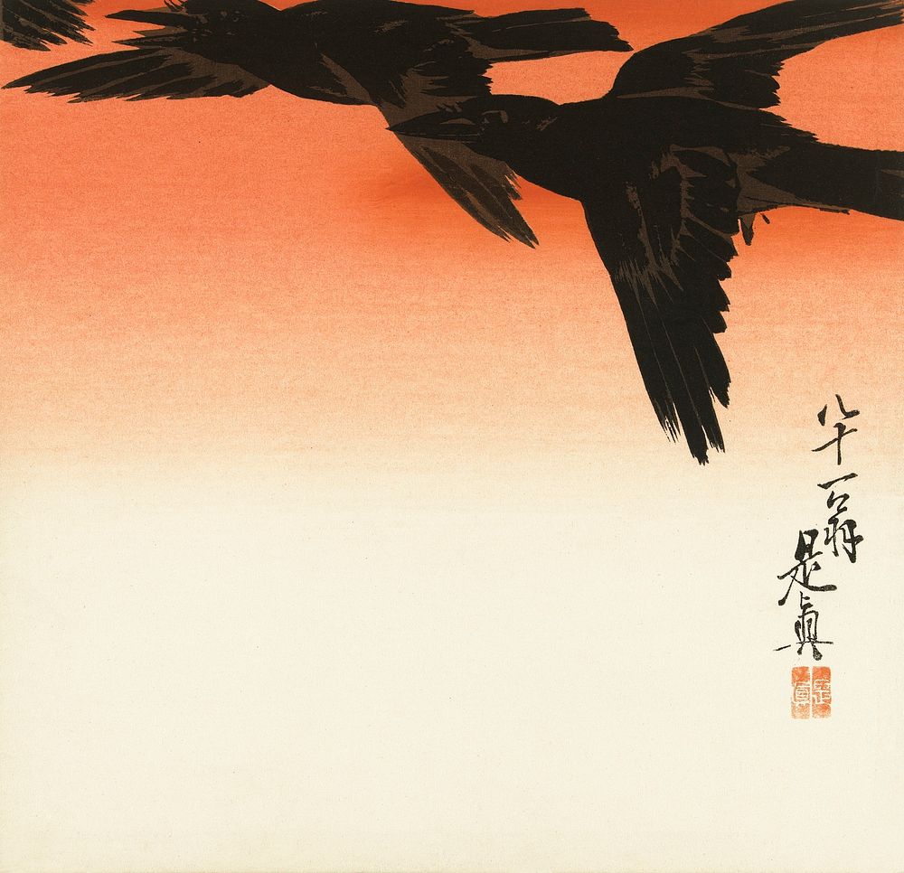 Crows and red sky (1888 - 1889) vintage Japanese print by Shibata Zeshin. Original public domain image from the Rijksmuseum.…