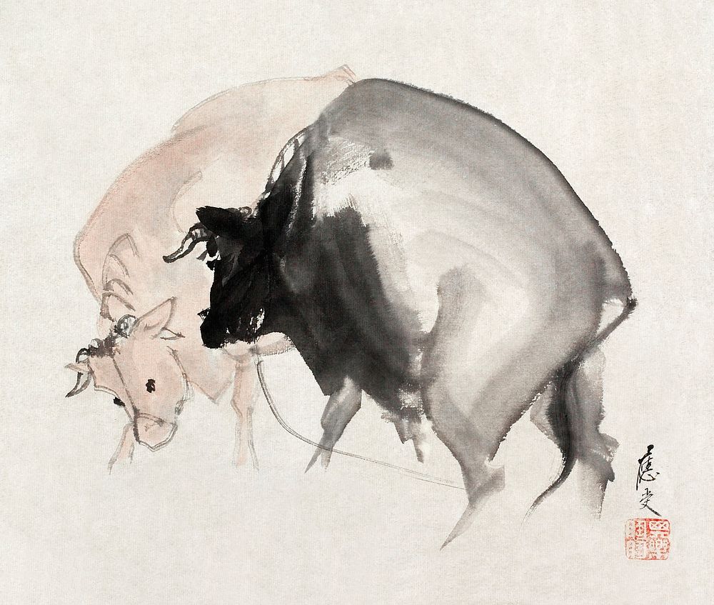 Bulls (1810) vintage Japanese painting by Maruyama Oju. Original public domain image from the Minneapolis Institute of Art. …