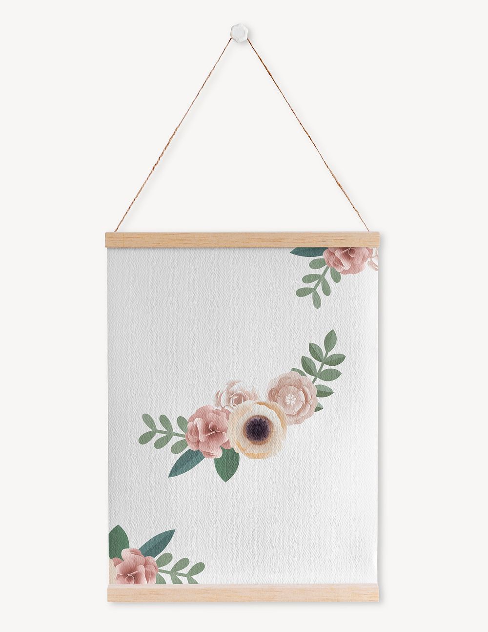 White floral poster hanging on a wall