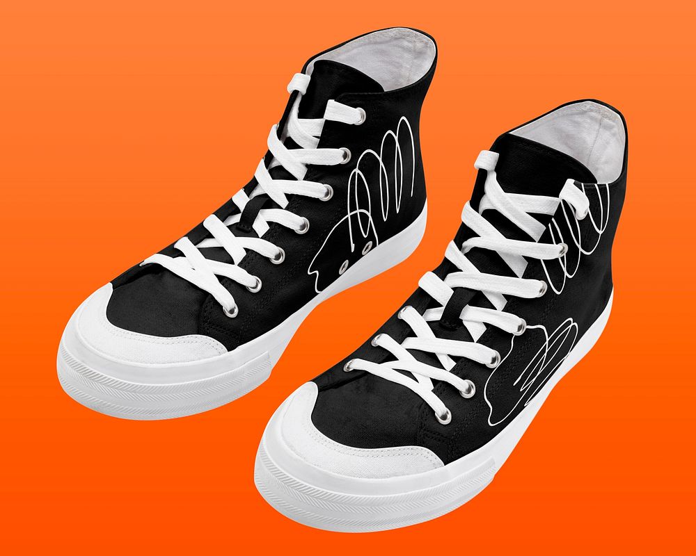 Black high top sneakers, line art graphic design