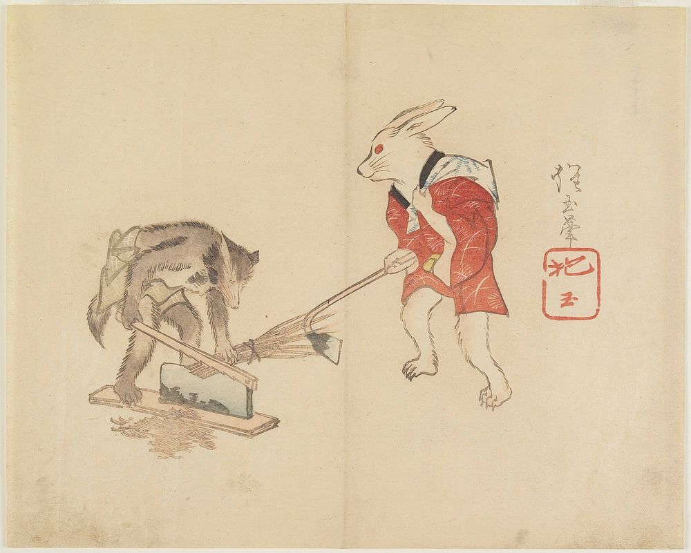 Rabbit and Raccoon Chopping Straw (1830s) print in high resolution by Yamada Hogyoku. Original from The Minneapolis…