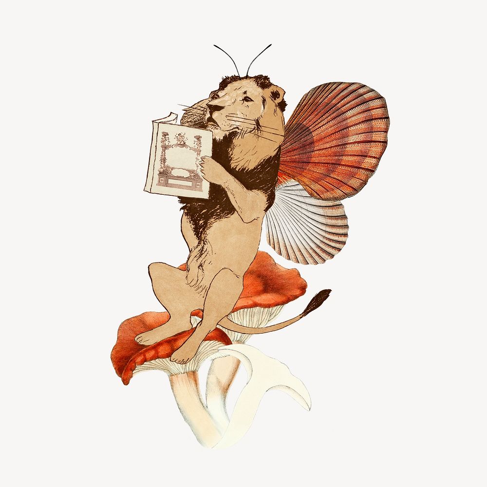 Lion collage element, vintage animal illustration remix psd