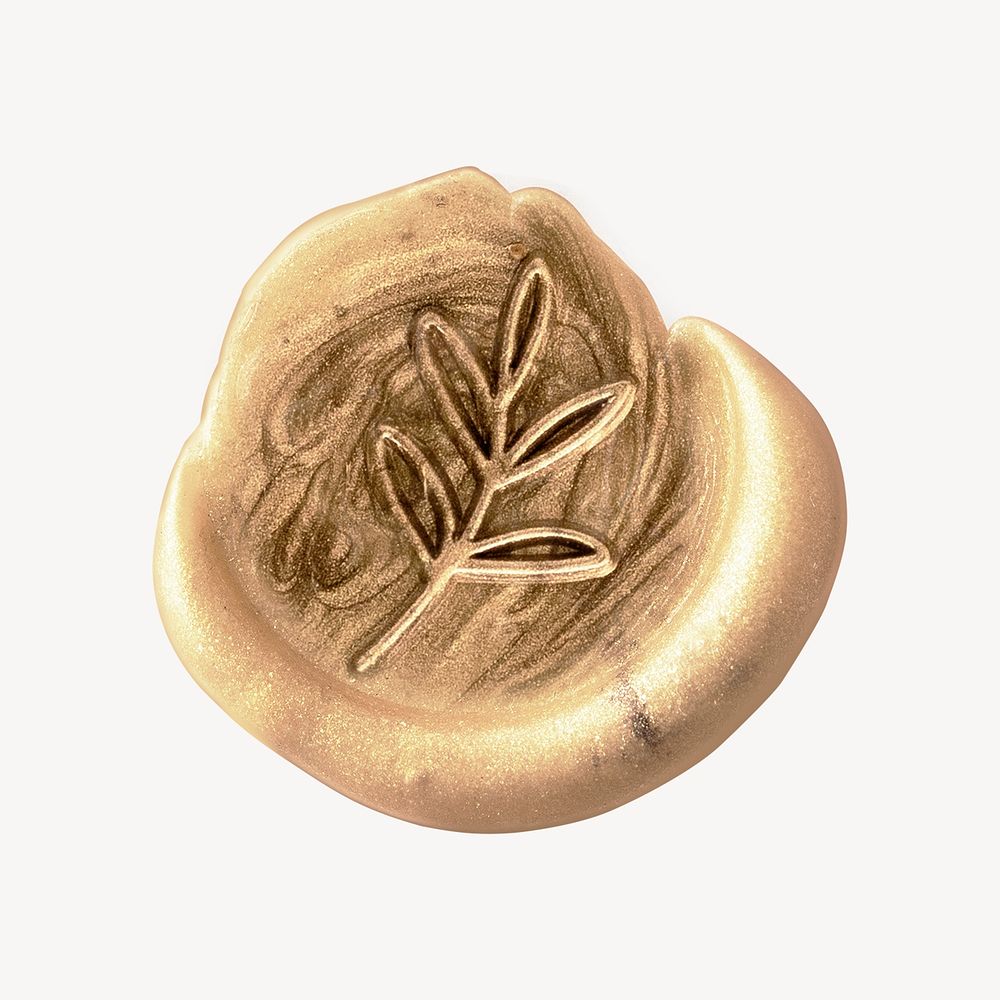 Gold wax seal  collage element, vintage leaf illustration psd