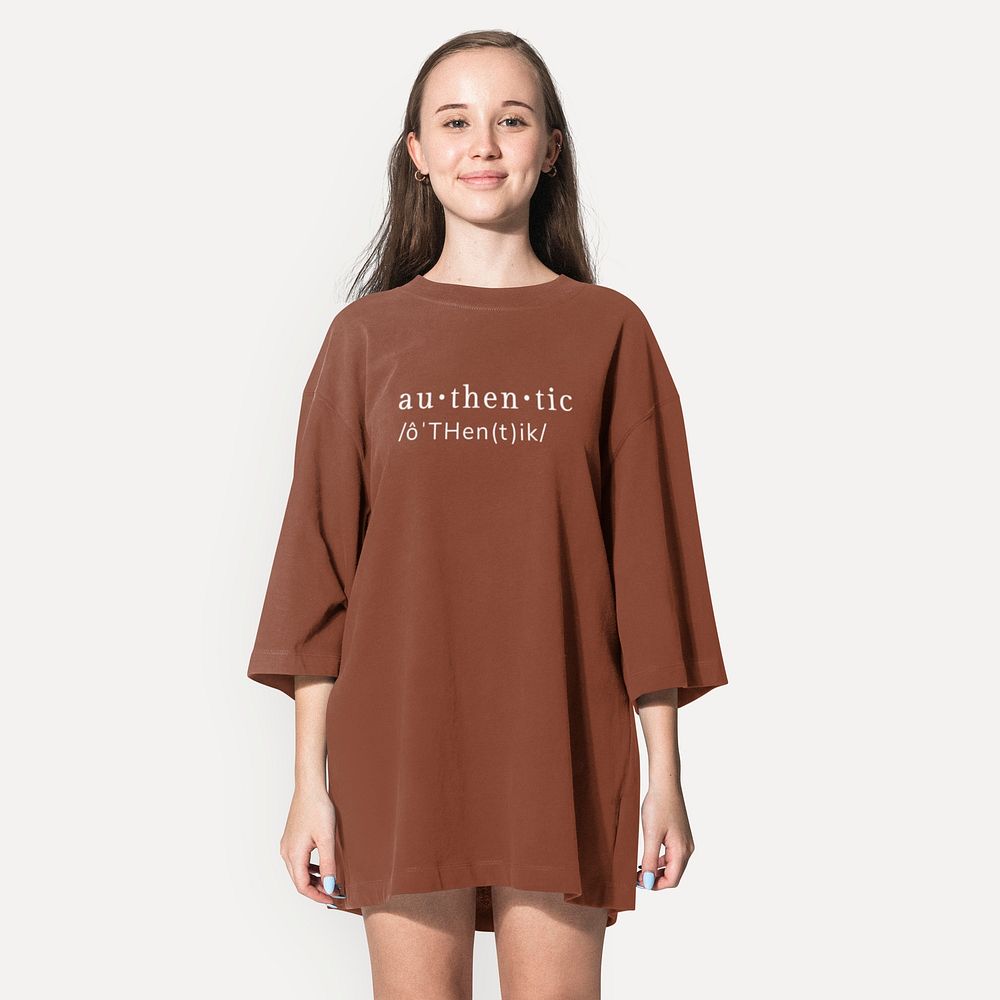 Casual tshirt dress mockup, simple brown apparel design worn by a young woman psd