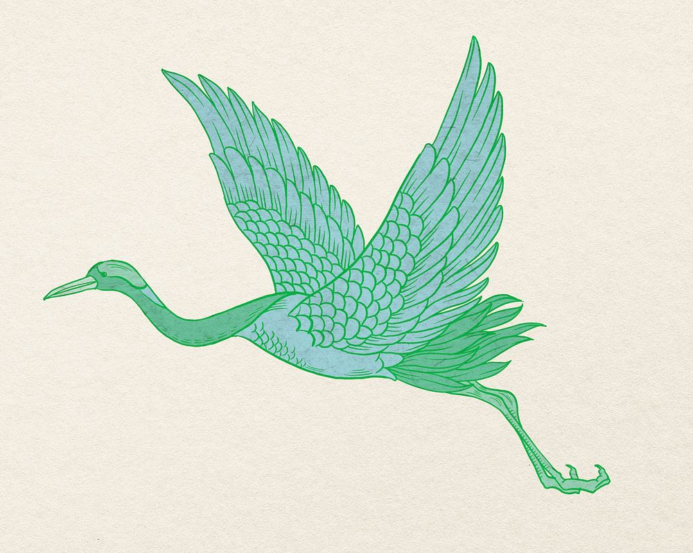 Green flying crane, Japanese animal illustration by Watanabe Shoka