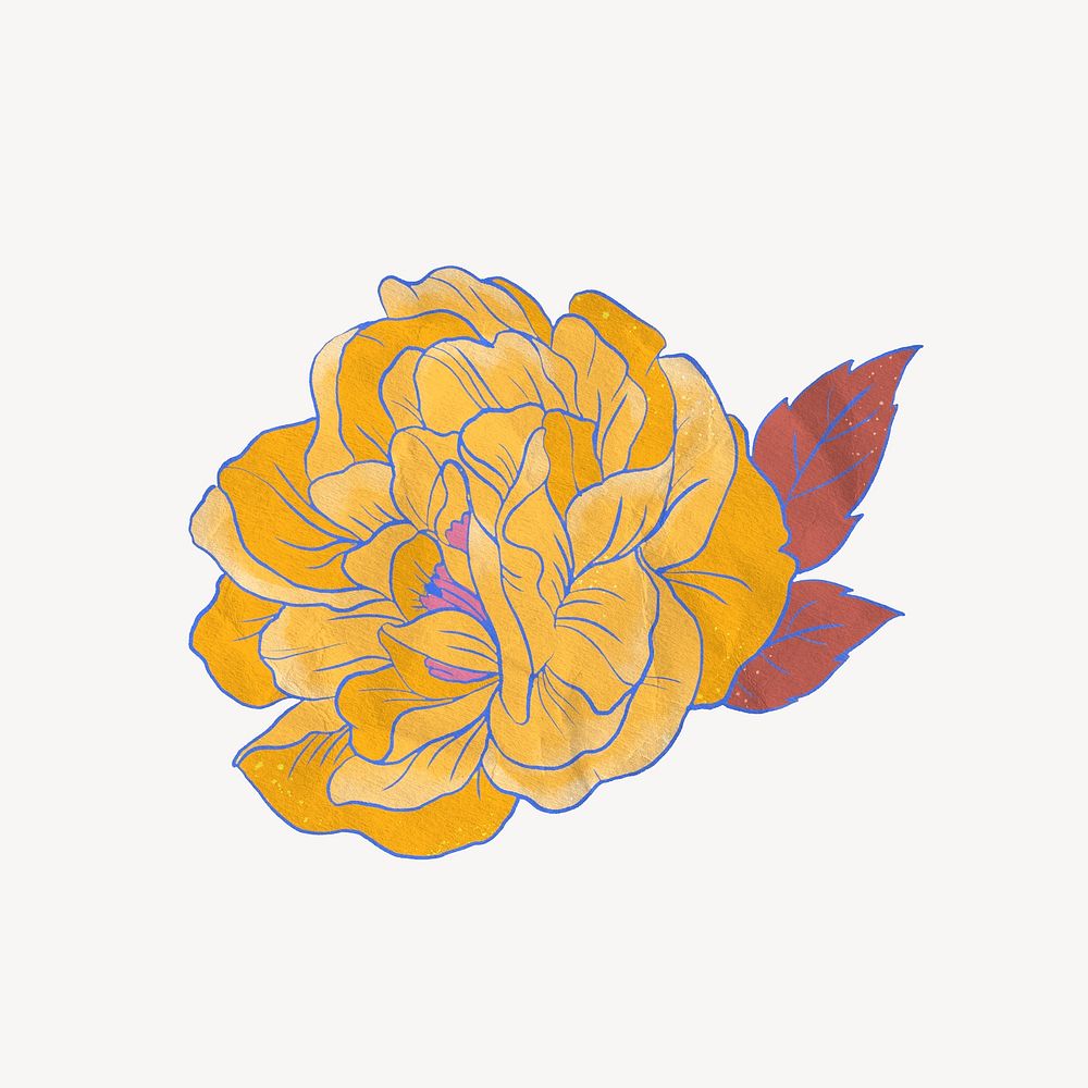 Aesthetic yellow peony, vintage Japanese flower illustration