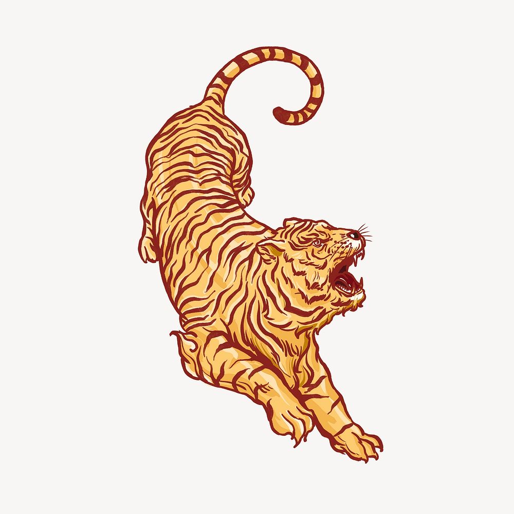 Roaring tiger, gold vintage animal illustration