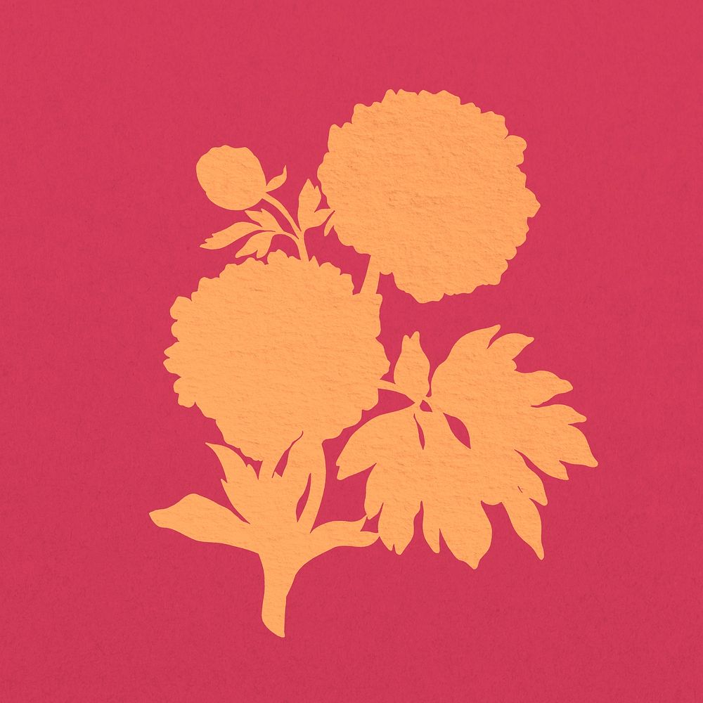Orange silhouette flower, vintage peony illustration