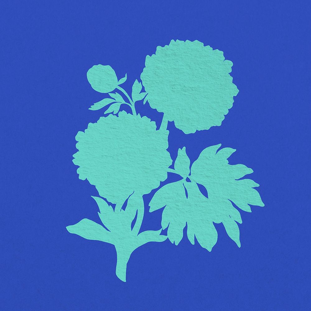 Blue silhouette flower, vintage peony illustration