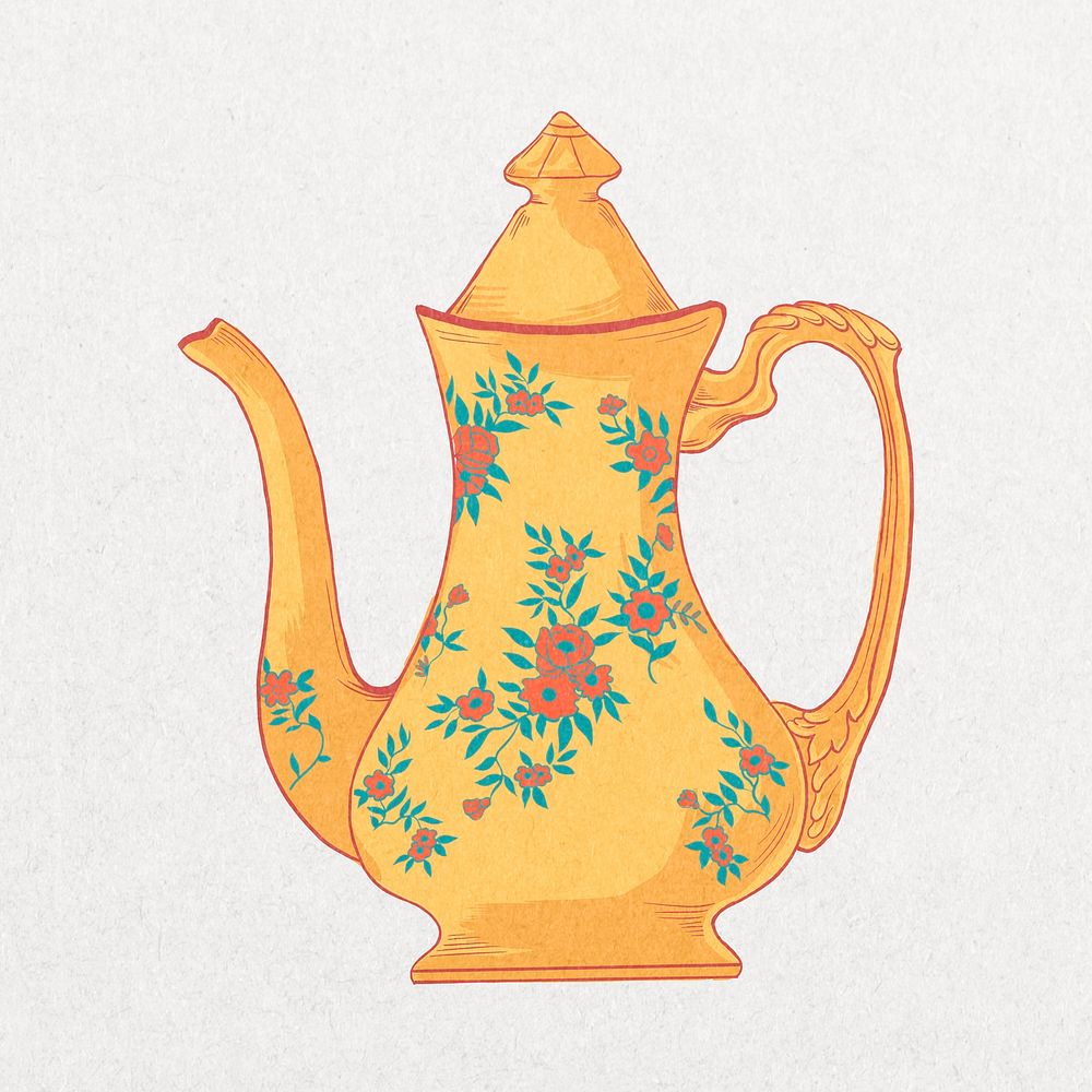 Floral teapot, vintage object illustration psd