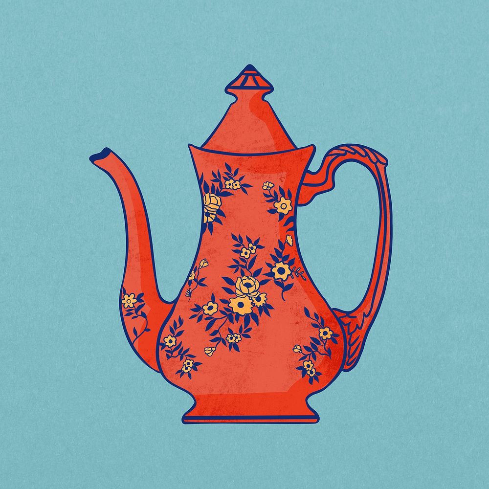 Floral teapot, vintage object illustration psd