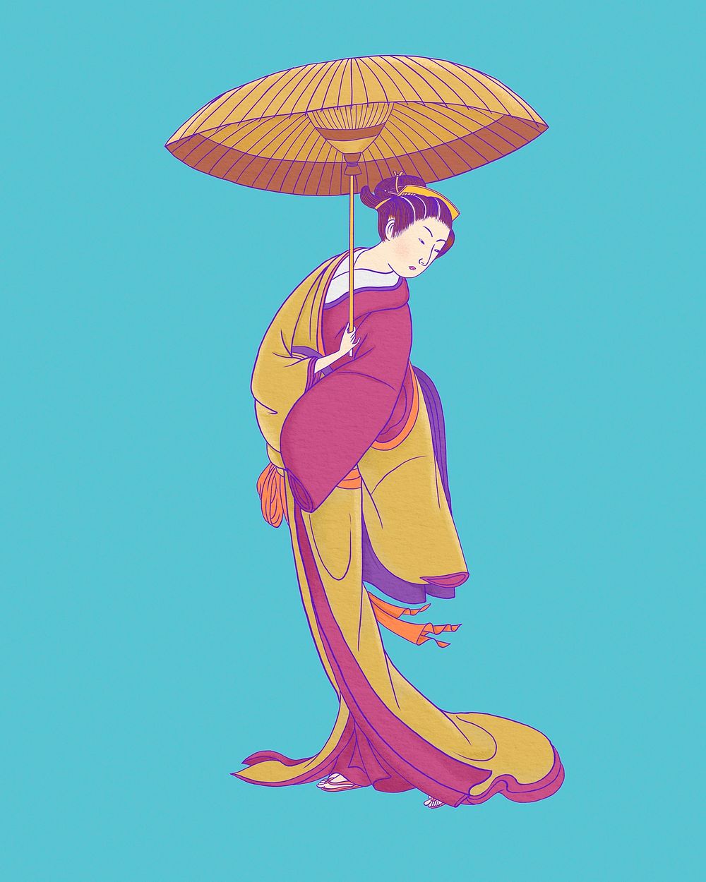 Vintage Japanese woman, holding umbrella character illustration