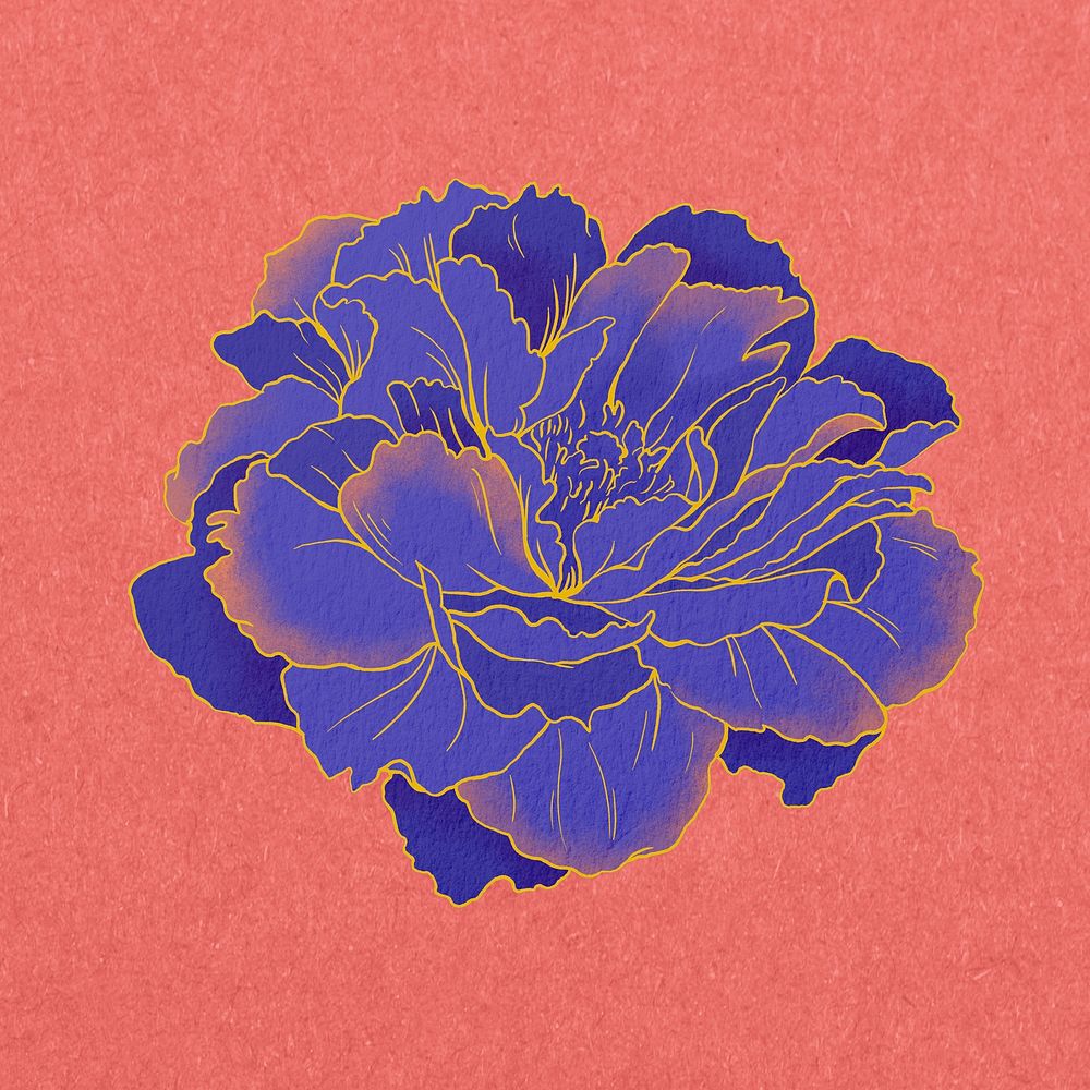 Vintage blue peony, aesthetic Japanese flower illustration