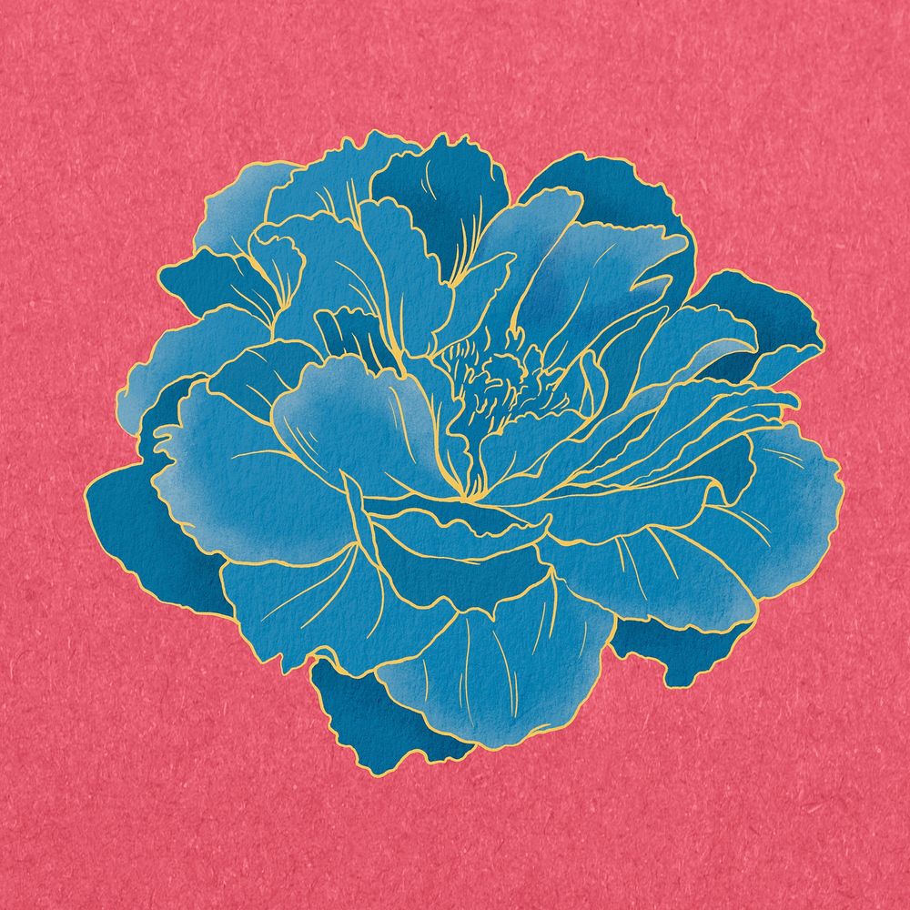 Vintage blue peony, aesthetic Japanese flower illustration