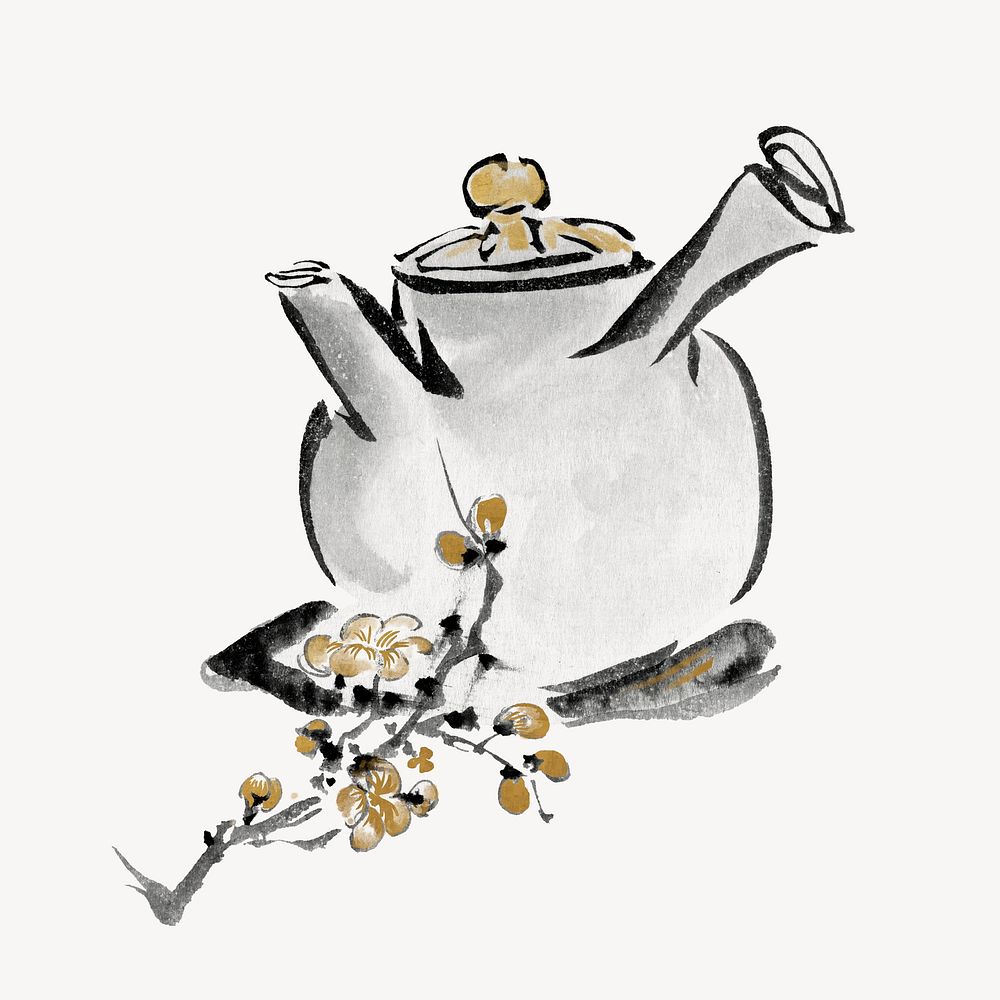 Cherry blossom teapot, vintage object illustration psd