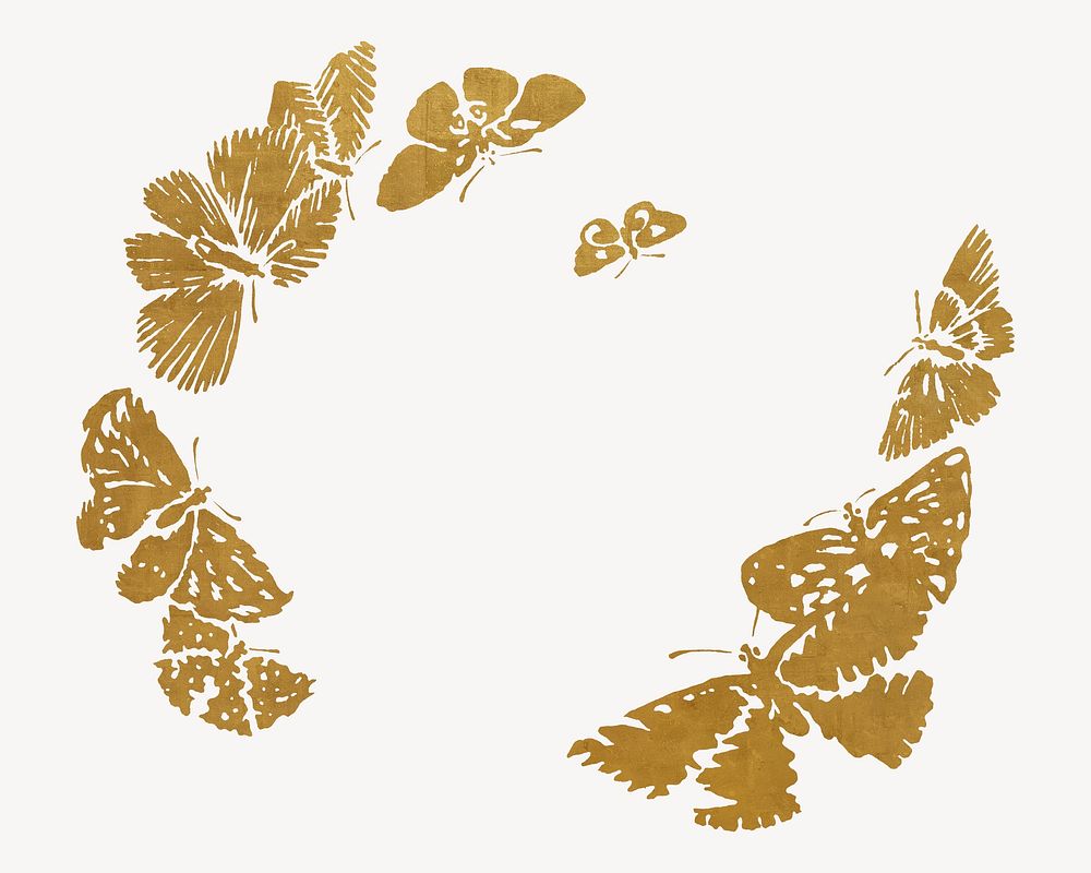 Gold butterflies silhouette, insect frame psd