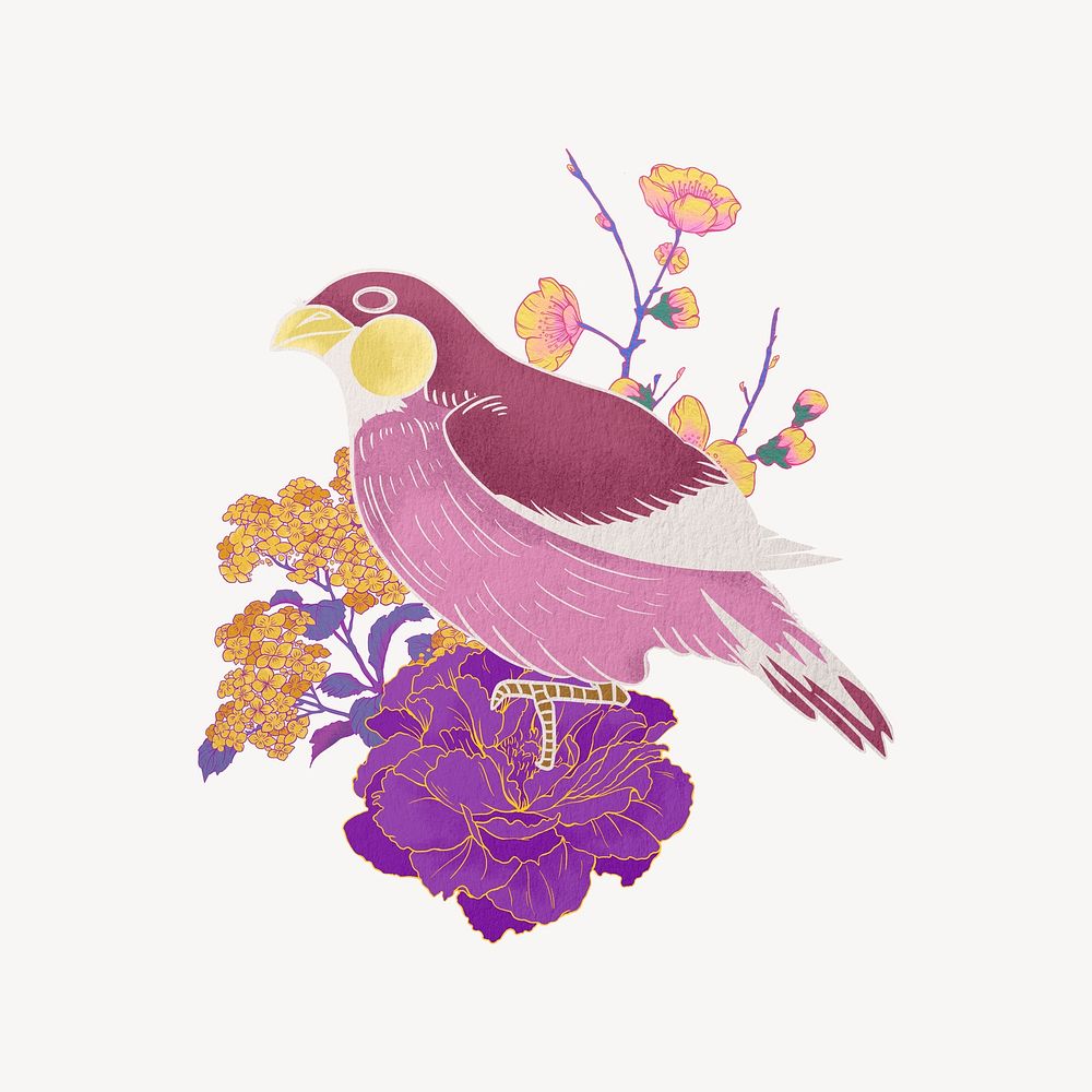 Oriental bird, vintage flower illustration psd