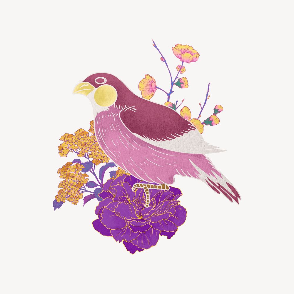 Oriental bird, vintage flower illustration