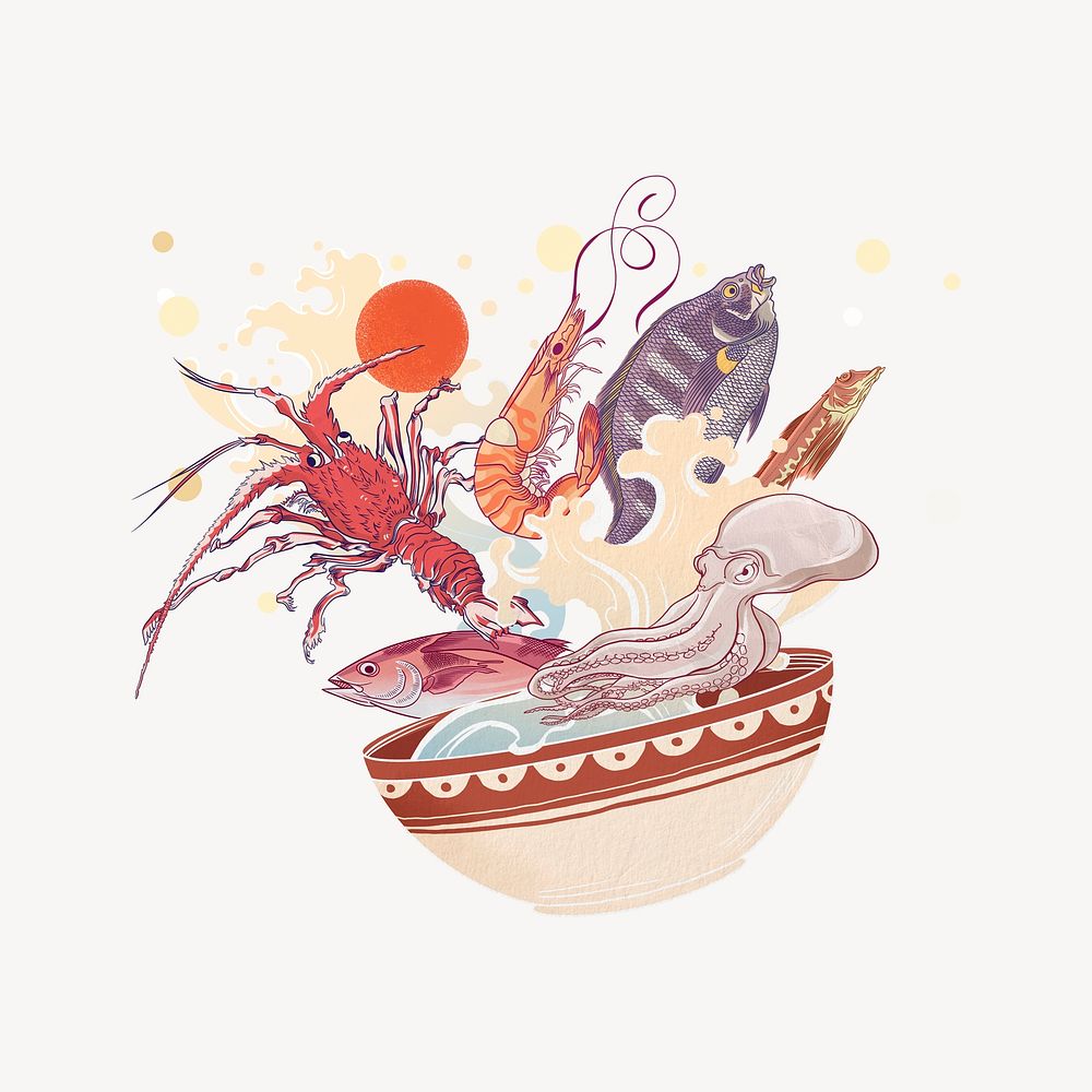 Seafood bowl splash, Japanese food illustration psd