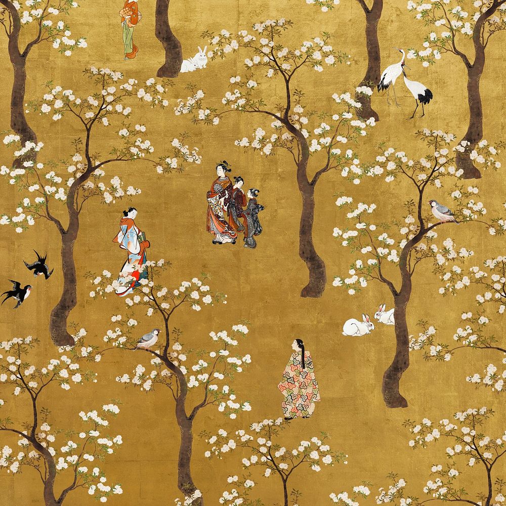 Vintage Japanese background, people in a park