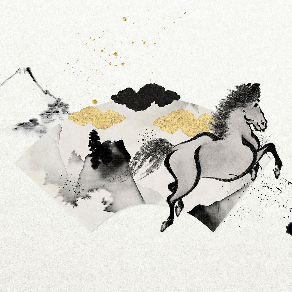 Running horse fan background, Japanese ink illustration