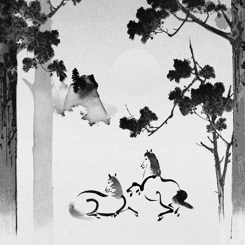 Japanese horses background, black forest illustration
