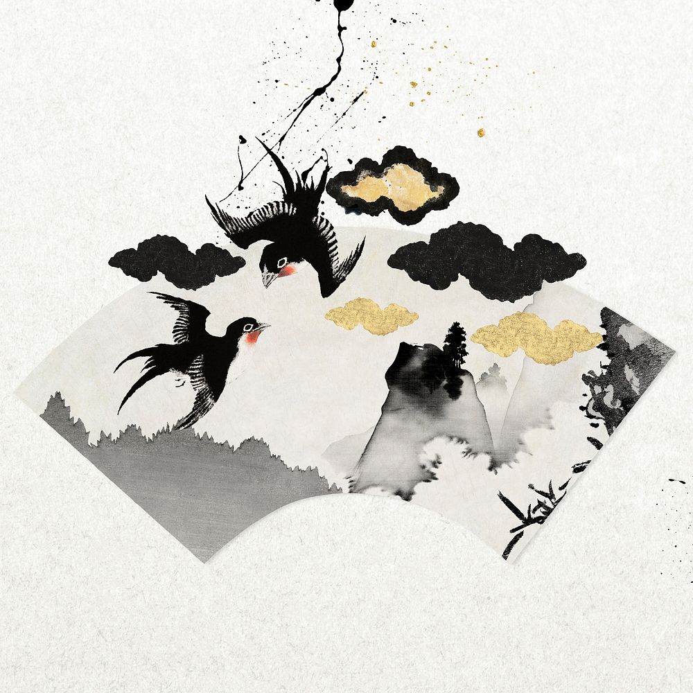 Flying birds fan background, Japanese ink illustration