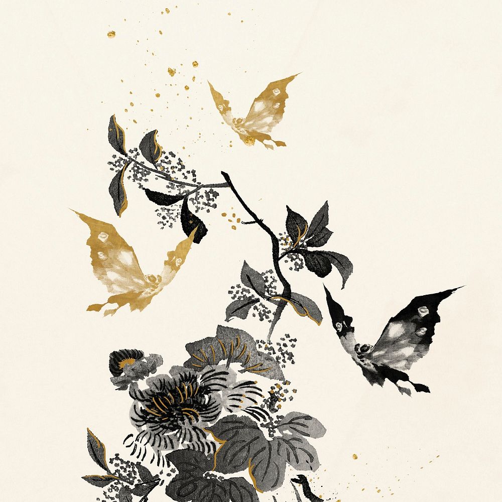 Aesthetic moths background, gold and black illustration