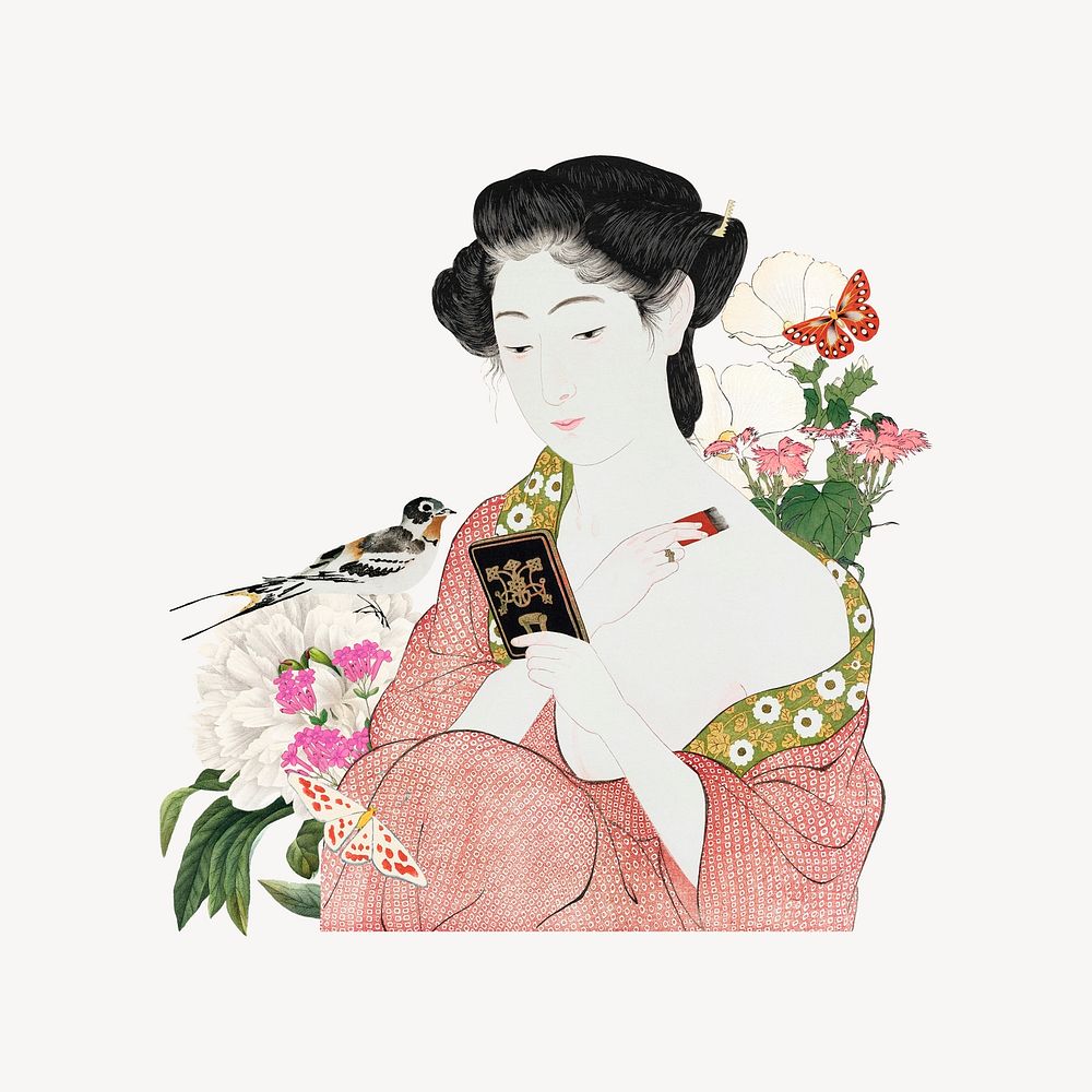 Vintage Japanese woman applying makeup illustration psd