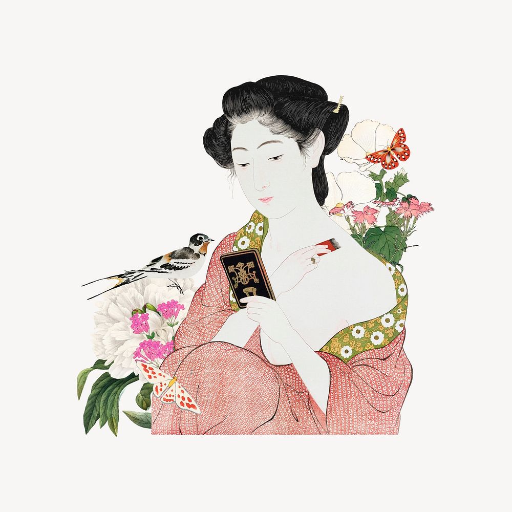 Vintage Japanese woman applying makeup illustration